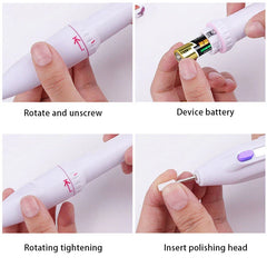 Electric Nail File Manicure Kit - Four-step assembly guide showing battery insertion and polishing head attachment for nail drill