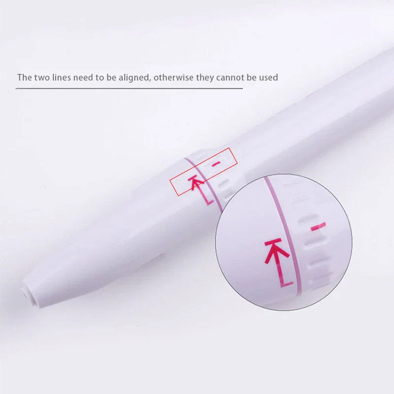 Electric Nail File Manicure Kit - Close-up of the white electric device's rotating joint, with red alignment marks and text stating the two lines must be aligned for use.