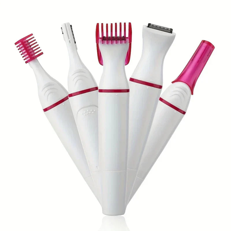 Grooming Kit - five interchangeable trimmer heads fanned out on white handle base, white and pink plastic design