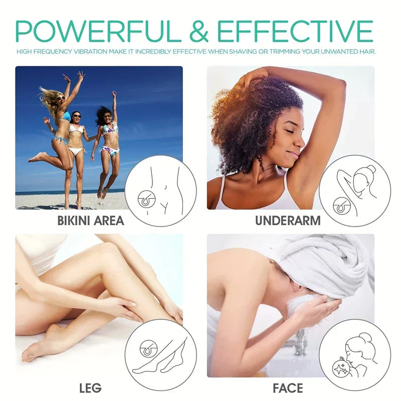 Grooming Kit - infographic showing four use areas: bikini area, underarm, leg, face with corresponding lifestyle photos