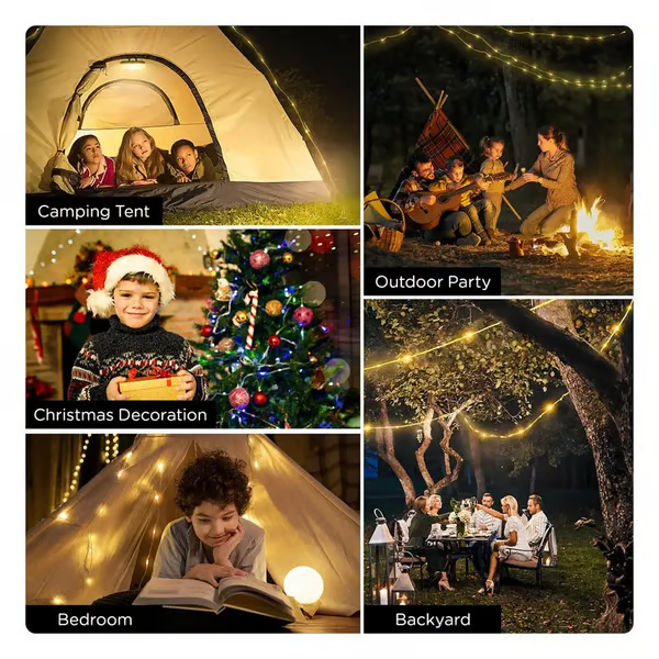 Camping String Lights - Five-panel collage showing the lantern used in a tent, at an outdoor party, as Christmas decor, in a bedroom, and in a backyard