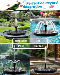 Solar Bird Bath Fountain - Four-panel collage shows a solar fountain used in a bird bath, pool, pond, and garden, with birds nearby