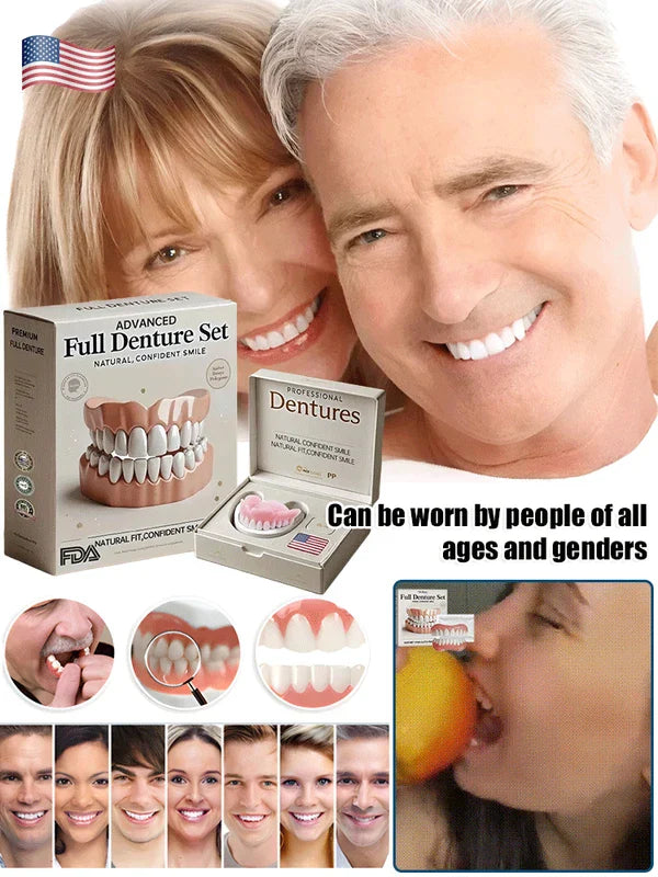 Smiling older couple with product boxes and demo shots of a complete denture set, text says all ages and genders can wear it