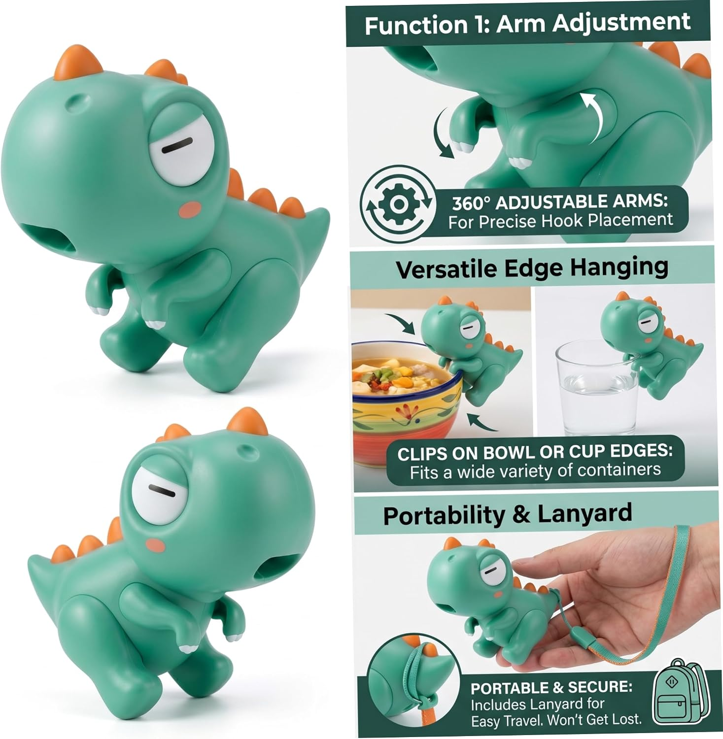 Cooling Fan - Green cartoon dinosaur toy displayed from two angles, with three inset feature diagrams to its right.