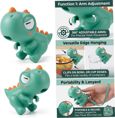 Cooling Fan - Green cartoon dinosaur toy displayed from two angles, with three inset feature diagrams to its right.