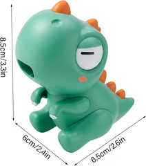 Cooling Fan - Green cartoon dinosaur toy shown with dimension markings for height, width and depth.