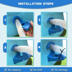 Pool Hose Support Clips - Four-step installation demonstration for a blue pool hose holder on a pool wall, with a checklist at the bottom