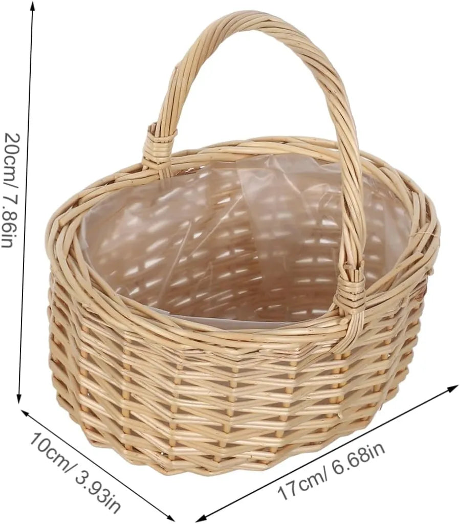 Storage Basket - Empty wicker basket with a single handle and clear plastic interior lining, with dimension markings showing height, width, and depth