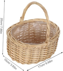 Storage Basket - Empty wicker basket with a single handle and clear plastic interior lining, with dimension markings showing height, width, and depth