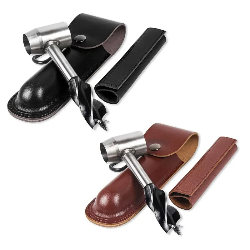 Bushcraft Hand Auger Wrench - Two hand auger drill sets with leather sheaths and sleeves, one black and one brown, on white background