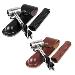 Bushcraft Hand Auger Wrench - Two hand auger drill sets with leather sheaths and sleeves, one black and one brown, on white background