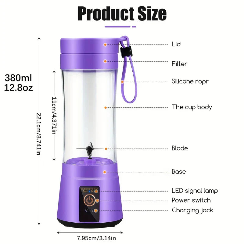 6-Blade Portable Blender Cup 380ml USB Rechargeable