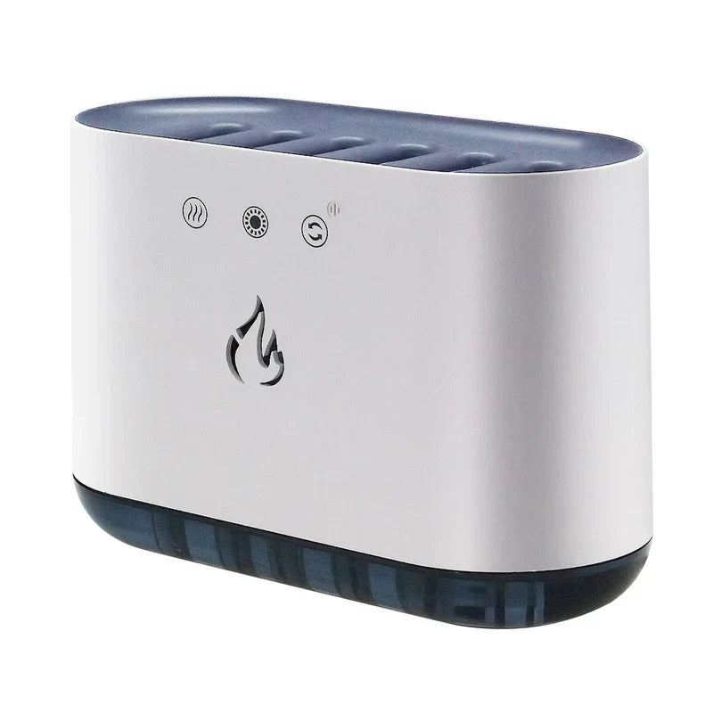 Cool Mist Humidifier - Front view of white and dark blue 6-nozzle desktop unit with control buttons and flame accent