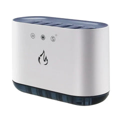 Cool Mist Humidifier - Front view of white and dark blue 6-nozzle desktop unit with control buttons and flame accent