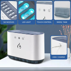 Cool Mist Humidifier - White six-nozzle humidifier with callouts showing its nozzles, LED lights, touch controls, 900ml tank, and USB-C charge port