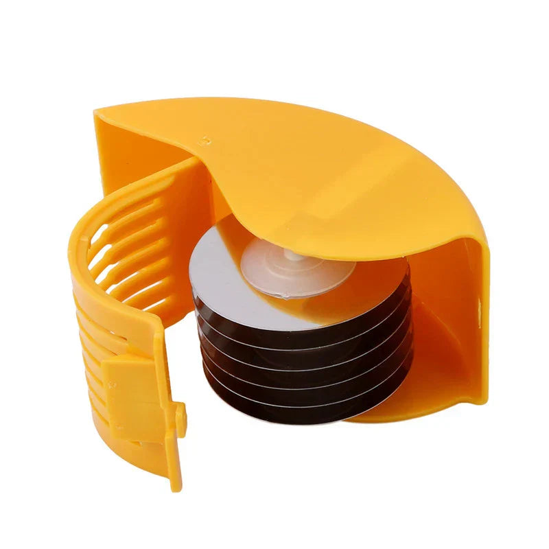 Pizza Dough Cutter Slicer - Yellow vegetable slicer with stacked circular blades, protective plastic guard open, on a white background.