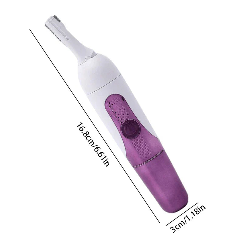 Electric Shaver - Purple and white electric trimmer shown with diagonal length of 16.8cm and base width of 3cm