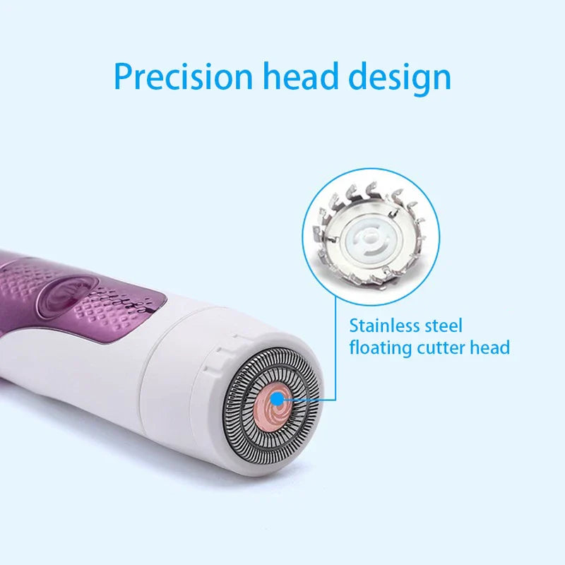Electric Shaver - Round end of a purple and white electric device, with a closeup of its internal stainless steel floating cutter head