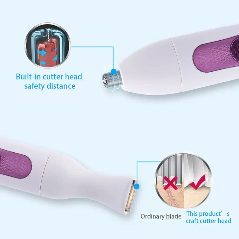 Electric Shaver - Two ends of a white and purple trimmer, with closeup diagrams of the cutter head safety distance and blade comparison