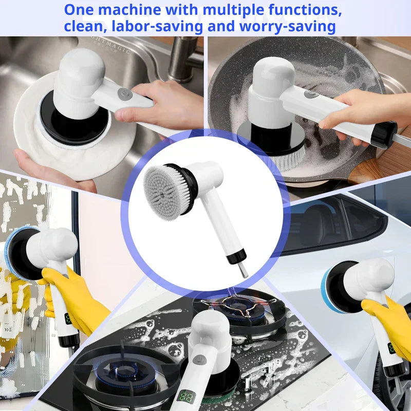 kit de cepillo giratorio eléctrico - Cepillo giratorio eléctrico - Collage de un cepillo de limpieza eléctrico de mano usado en platos, una sartén, ventana, encimera y exterior de automóvil