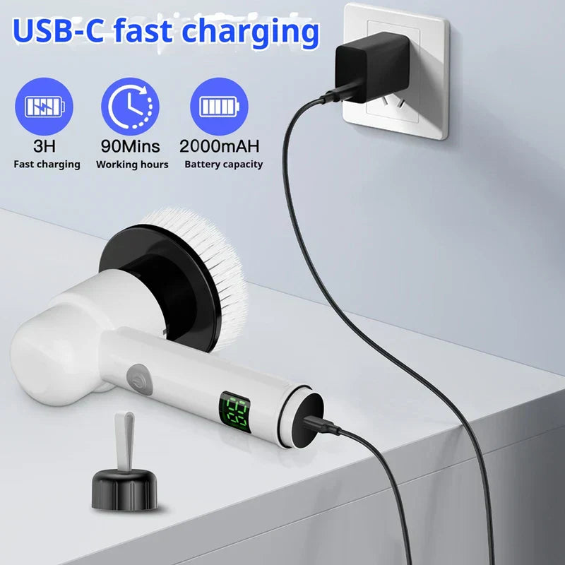 elektrisches rotierendes reinigungsset - Elektrische Reinigungsbürste, die über ein USB-C-Kabel mit einem Wandladegerät verbunden ist, mit Symbolen für Akku und Ladezeit darüber
