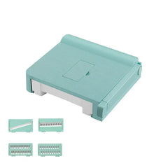 Vegetable Slicer Chopper - Mint green 6-in-1 prep tool with four interchangeable blade inserts on white background