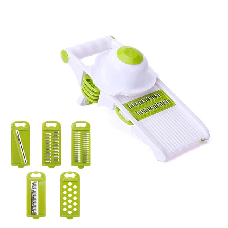 Vegetable Slicer Chopper - white and green 6-in-1 slicer with 5 interchangeable blade attachments laid out on white background