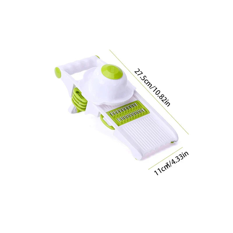 Vegetable Slicer Chopper - White and green hand-held mandoline slicer with blade insert, with length 27.5cm and width 11cm dimension labels
