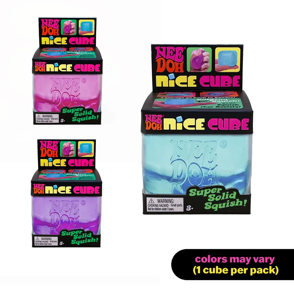 Blue NeeDoh Nice Cube sensory squishy being squeezed