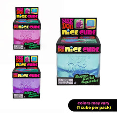 Nice Cube - Three retail packaged fidgets in pink, purple, and blue, noting one cube per pack with varying colors