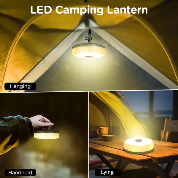 Camping String Lights - LED camping lantern shown in hanging, handheld, and flat placement setups inside a tent