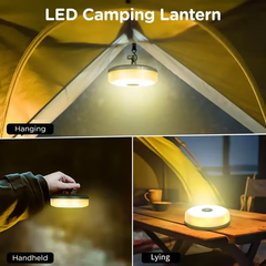 Camping String Lights - LED camping lantern shown in hanging, handheld, and flat placement setups inside a tent