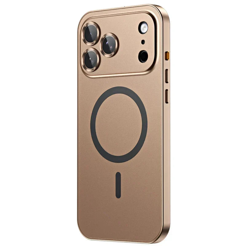 Magsafe Case - Gold MagSafe-compatible iPhone case with camera protection, rear three-quarter view