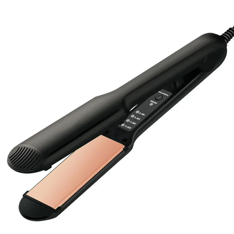 Hair Straightener Flat Iron - Black styling tool with rose gold plates and temperature control buttons, angled open view