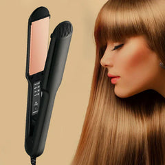 Hair Straightener Flat Iron - Black styling tool displayed next to person with long straight light brown hair