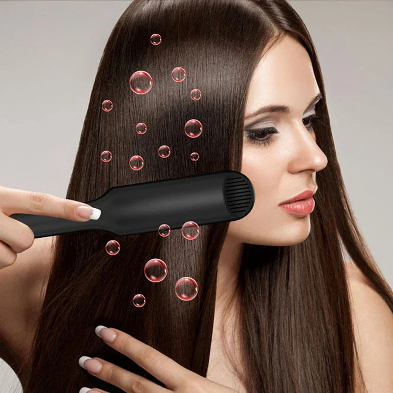 Hair Straightener Flat Iron - Hand holding black styling tool on long dark brown hair with floating bubble graphics