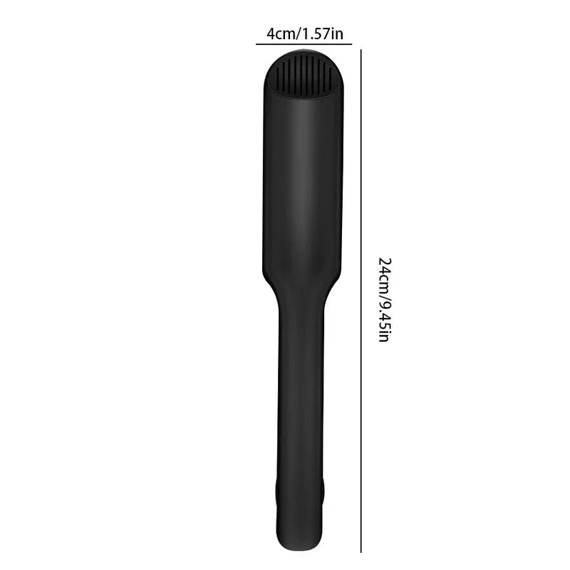 Hair Straightener Flat Iron - Black hair styling tool with dimension labels: 4cm/1.57in width, 24cm/9.45in length, slotted top end