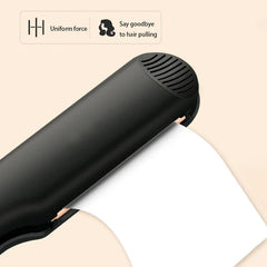 Hair Straightener Flat Iron - Black hair straightener with heated plates holding a sheet of white paper, text labels reading 'Uniform force' and 'Say goodbye to hair pulling'