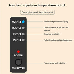 plancha alisadora de cabello - Diagrama del panel de control de una herramienta para el cabello que muestra cuatro niveles de temperatura, un indicador de encendido y un botón de control