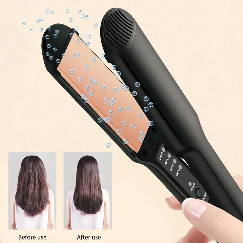 Hair Straightener Flat Iron - Hand holding a black hair straightener with before and after hair comparison images and floating bubble graphics