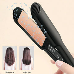 Hair Straightener Flat Iron - Hand holding a black hair straightener with before and after hair comparison images and floating bubble graphics