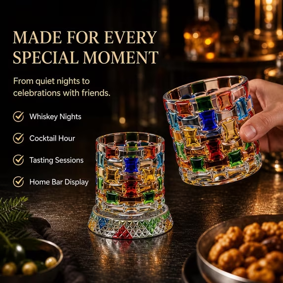 vaso de cristal para whisky - Mano sosteniendo un vaso de color a juego sobre una mesa oscura, junto a un vaso idéntico y tazones de aperitivos cerca