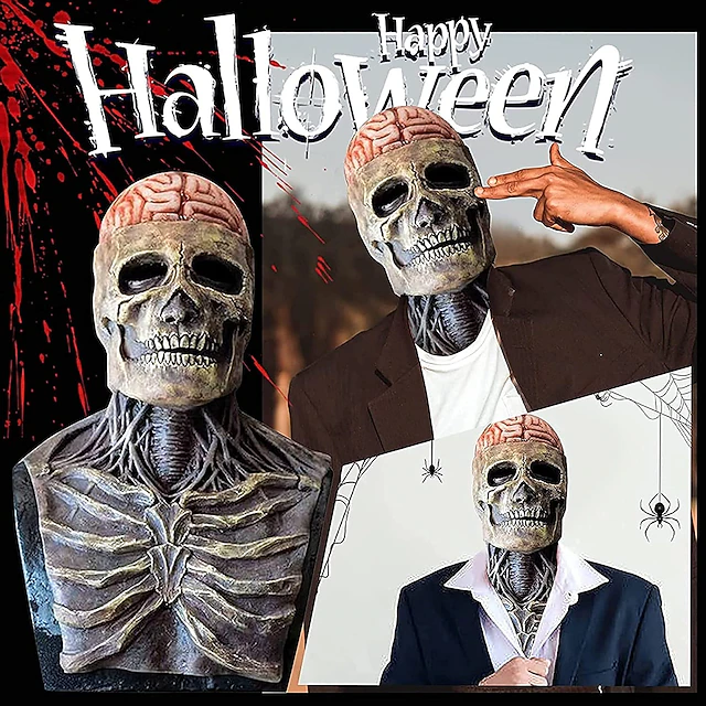 halloween kostume - Collage, der viser latex-kraniemaske med fastgjort hals og øvre brystskeletdetaljer, båret med afslappet og formelt overtøj.