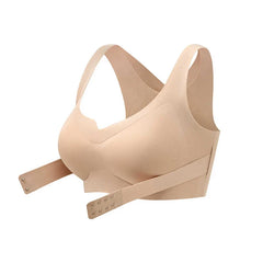 Beige front-adjusting posture corrector bra shown on a plain white background