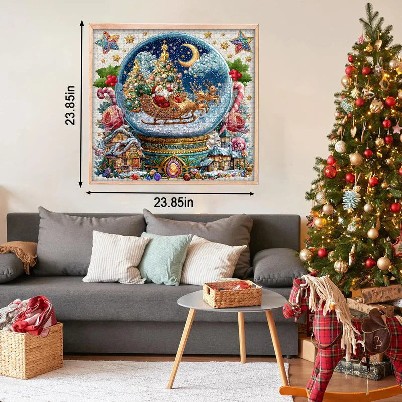 Close-up of Christmas crystal ball jigsaw puzzle pieces with Santa and reindeer