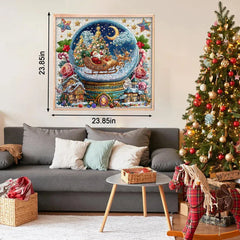 Close-up of Christmas crystal ball jigsaw puzzle pieces with Santa and reindeer