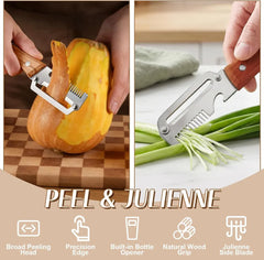 Stainless Steel Vegetable Peeler - Split view of butternut squash peeling and scallion julienning, with feature icons for peeling, shredding, and bottle opening