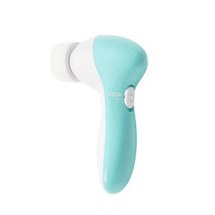 Facial Cleansing Brush - Teal and white handheld device with speed control switch on white background