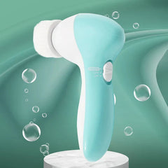 Facial Cleansing Brush - Teal and white handheld device on marble pedestal with water bubbles on teal background