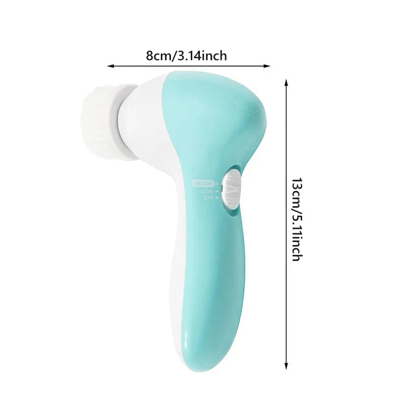Light blue and white handheld facial cleansing brush with a sliding switch, labeled with height and width measurements